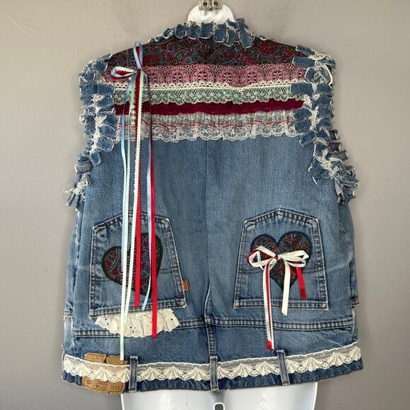 HANDMADE Vintage OOAK Upcycled Funky Unique Denim Vest Tassle Beaded Lace Fringe - Picture 8 of 11
